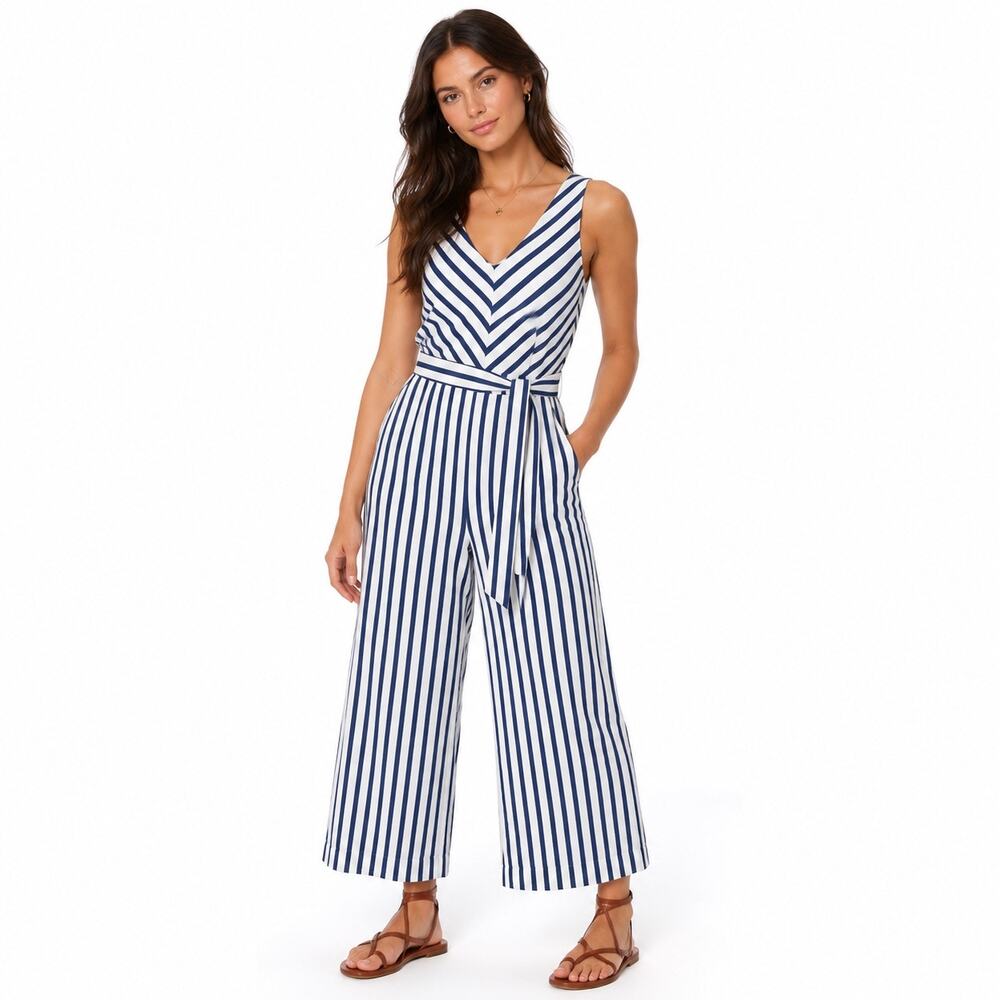 J. Crew Blue & White Stripe Wide Leg Jumpsuit Belted V-Neck Women’s 00 Coastal